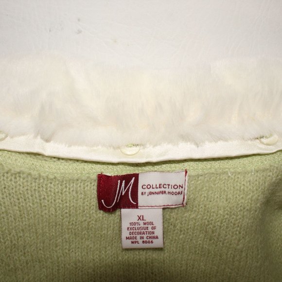 JM Collection Green 100% Wool Full Zip Sweater Jacket Removable Faux Fur Collar - Picture 8 of 8